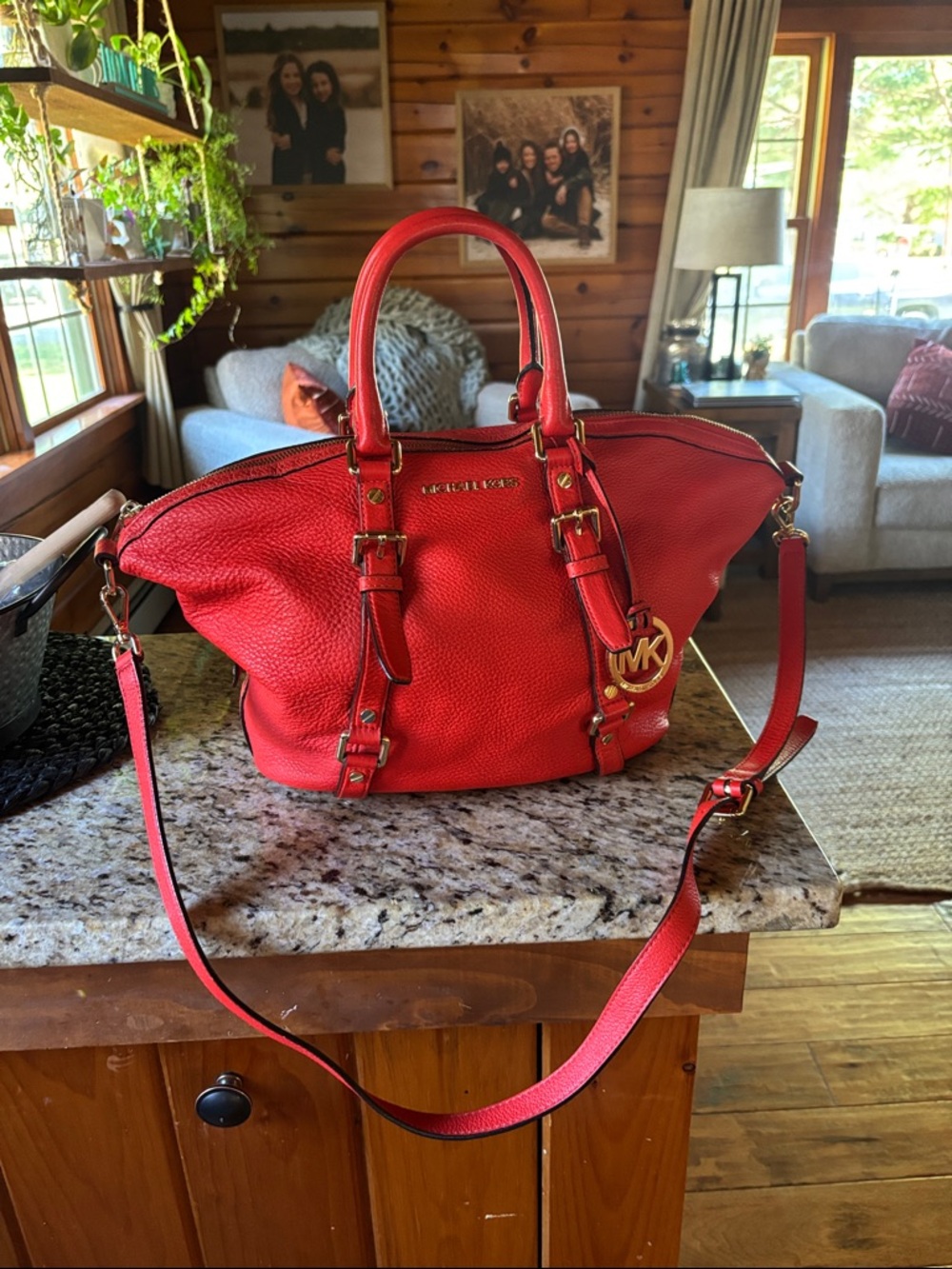 Michael Kors Red Pebbled Leather Satchel with MK Charm